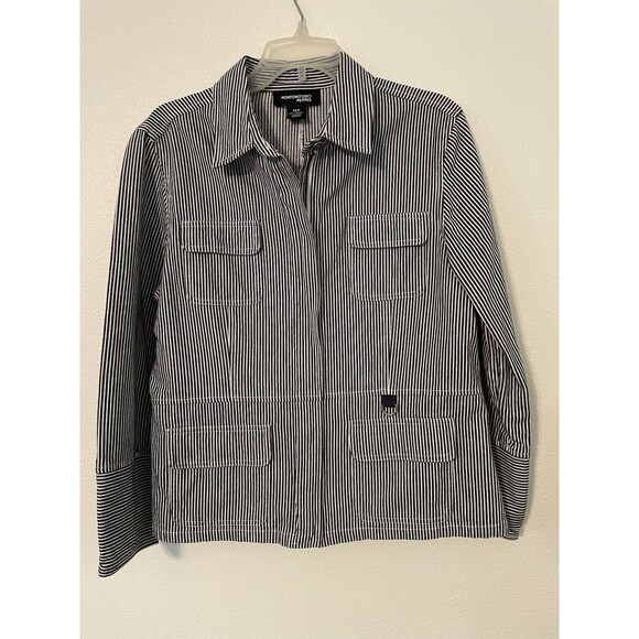 Norton McNaughton Jackets & Blazers - Norton Studio Petites Black White Stripe Zip Jacket Utility Pockets Cotton Chic